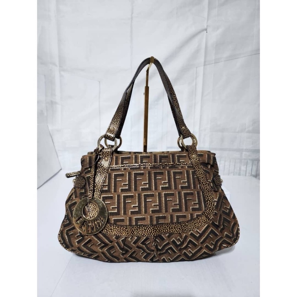 Authentic Fendi Zucca Canvas and Leather Shoulder Bag Brown